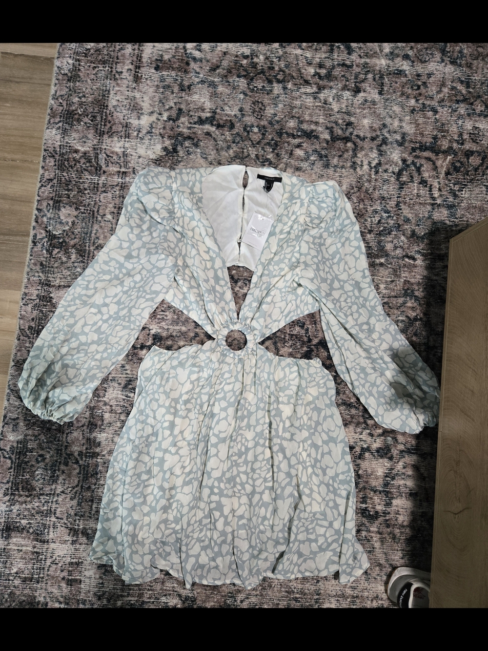 Forever 21 Light Blue and White Long Sleeve Cutout Mini Dress